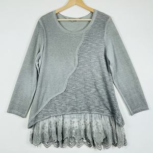 Simply Couture Grey Knit Long Sleeve Lace Trim Wearable Art Sweater Womens Large